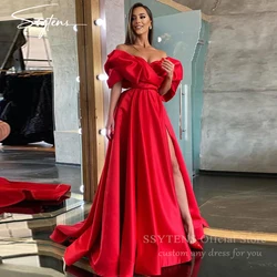 SSYTENS Elegant Long Satin Evening Dresses Red For Bride Customized Off the Shoulder Wedding Party Prom Gowns With Side Slit