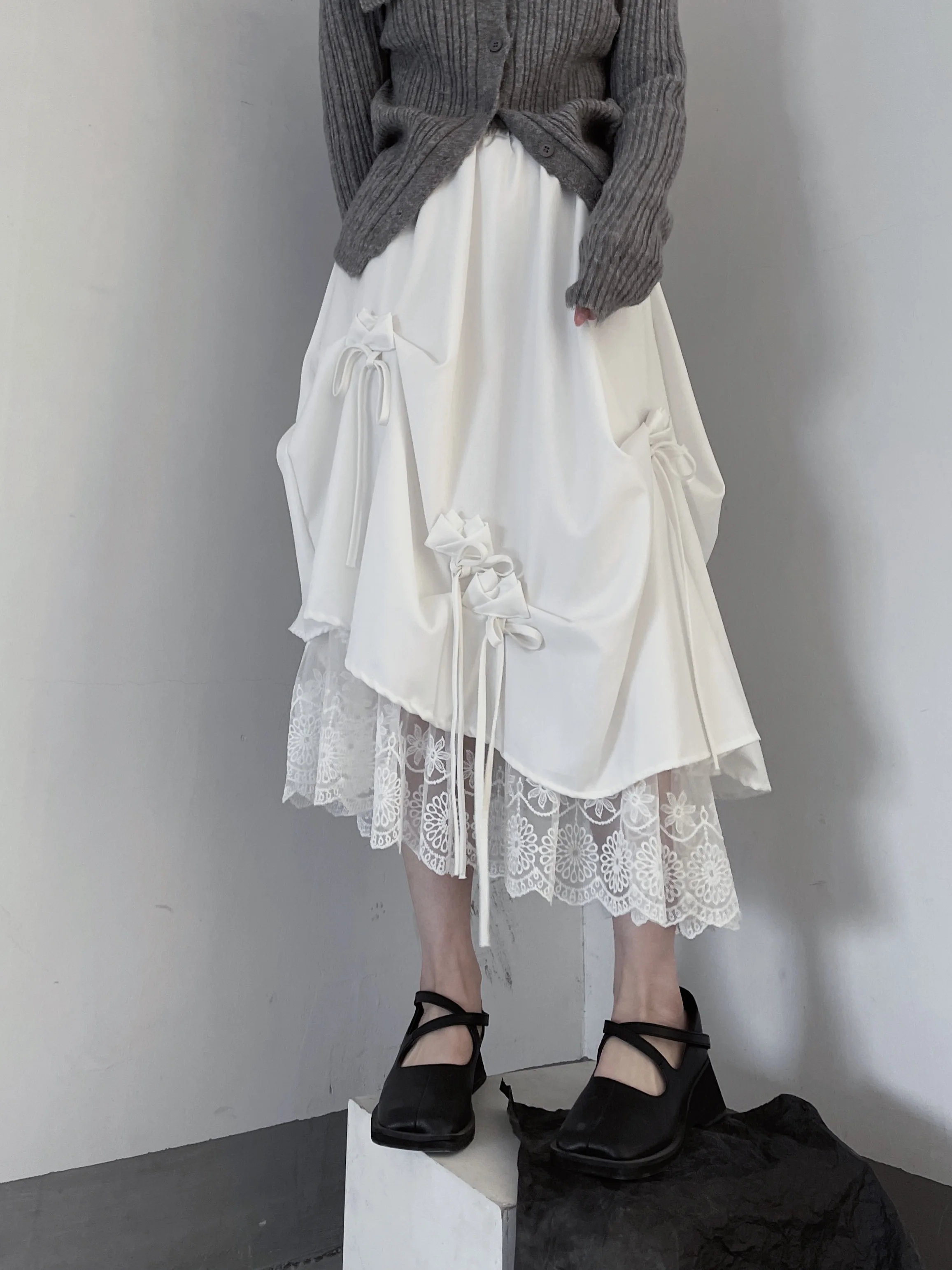 Pure Desire Sweet  Knot Pleated Cake Skirt Half-length Spring Summer Women's Fashion mid Waist A-Line Cotton Skirt