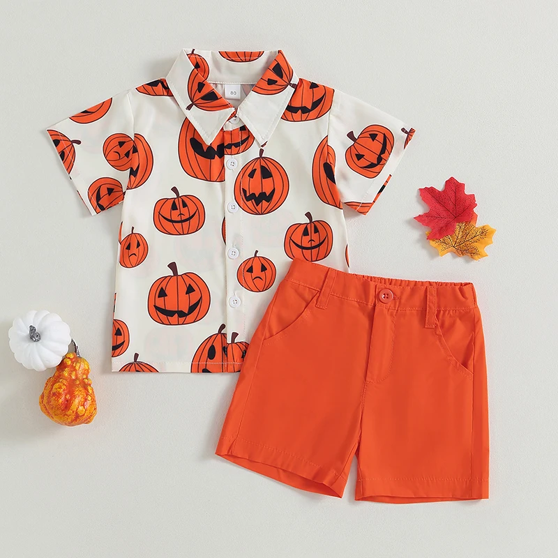 Boys Halloween Costume Set with Pumpkin Print Shirt and Solid Color Shorts for Summer Outfits 2-Piece Kids Clothes Collection