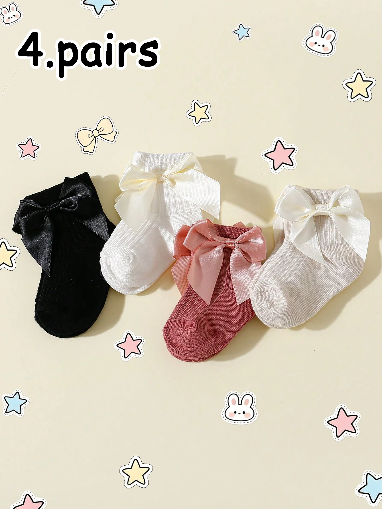 4 Pairs of Baby Girls Solid-Colored Short Socks with Bow Decoration, Soft and Comfortable Ankle Socks for Girls Aged 0-36m for Daily Wear