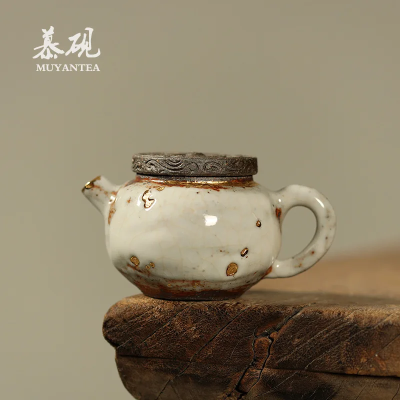 Mu Yan Wood-Fired Shino Gaoyue Fully Handmade Side-Handle High-End Taiwanese Old Rock Clay Single-Person Small Teapot, Gift
