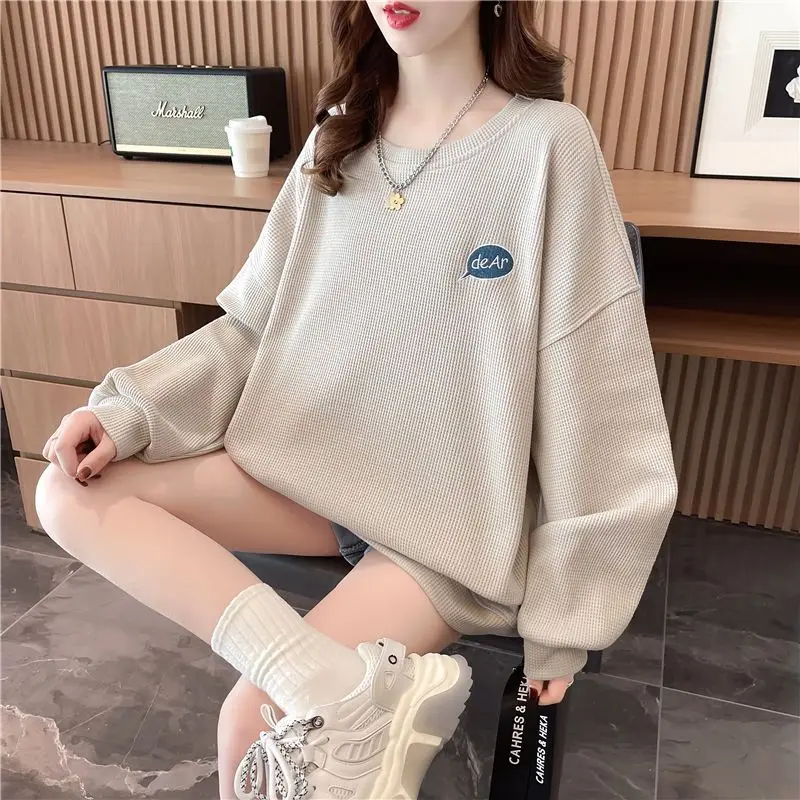 Waffle Amerikan Tarzı Tişörtü Femme İlkbahar Sonbahar kadın kıyafetleri Tiki Tarzı Karikatür Işlemeli Rahat Üst Tee Ceket Kadın