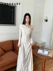 CHEERART One Shoulder Long Sleeve Knitted Maxi Dress Women White A Line Rip Tunics Long Dress Elegant 2024 Fall Fashion Clothes