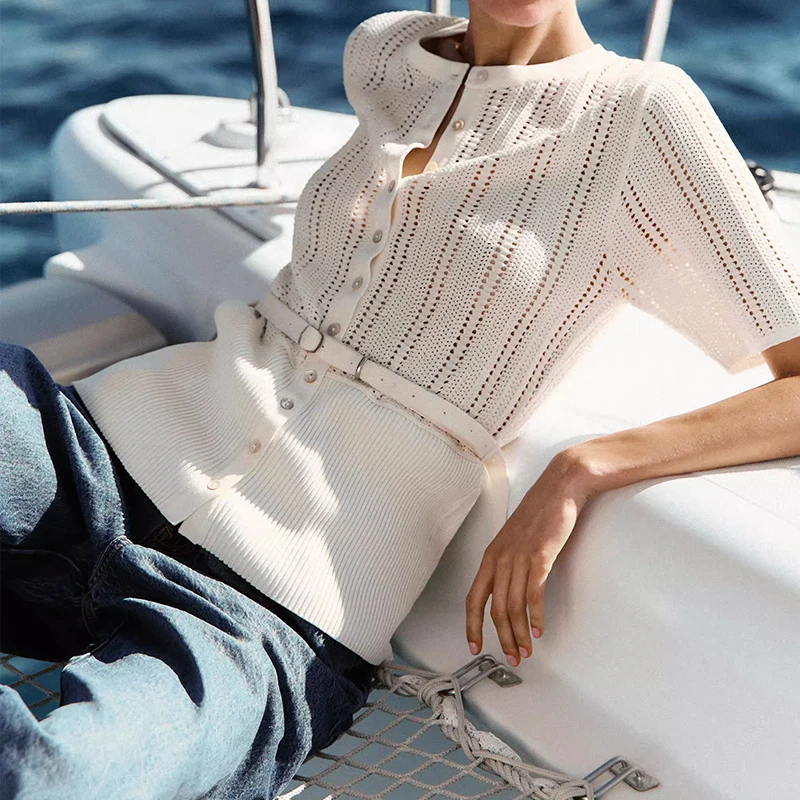 Letnia dzianinowa kurtka damska z paskiem, ażurowa, z włókna poliestrowego, dekolt w serek, krój regularny, do pracy, elegancka, Z