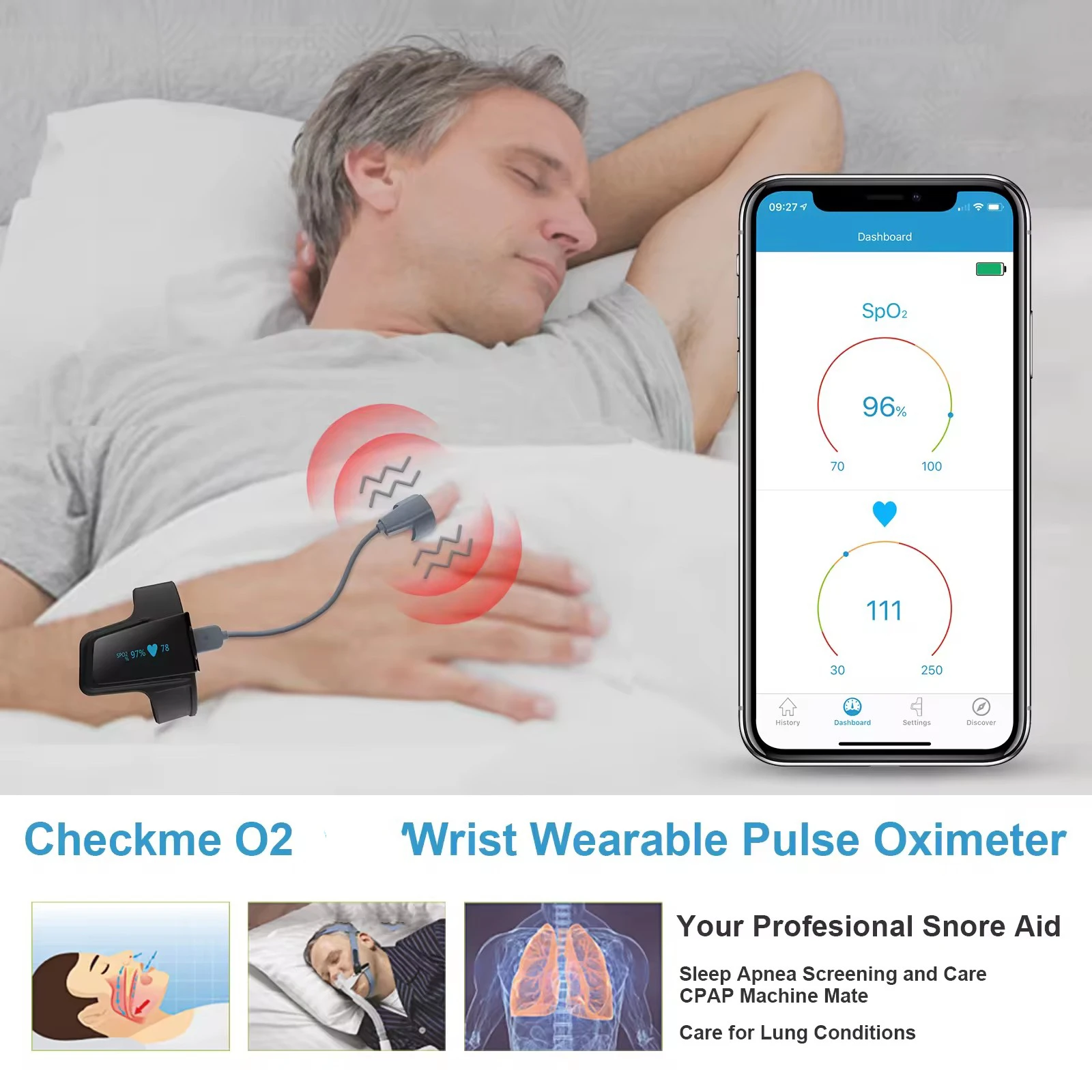 Bluetooth wrist oximeter Spo2 heart rate pulse oximeter wearable sleep apnea alarm continuously monitors blood oxygen saturation