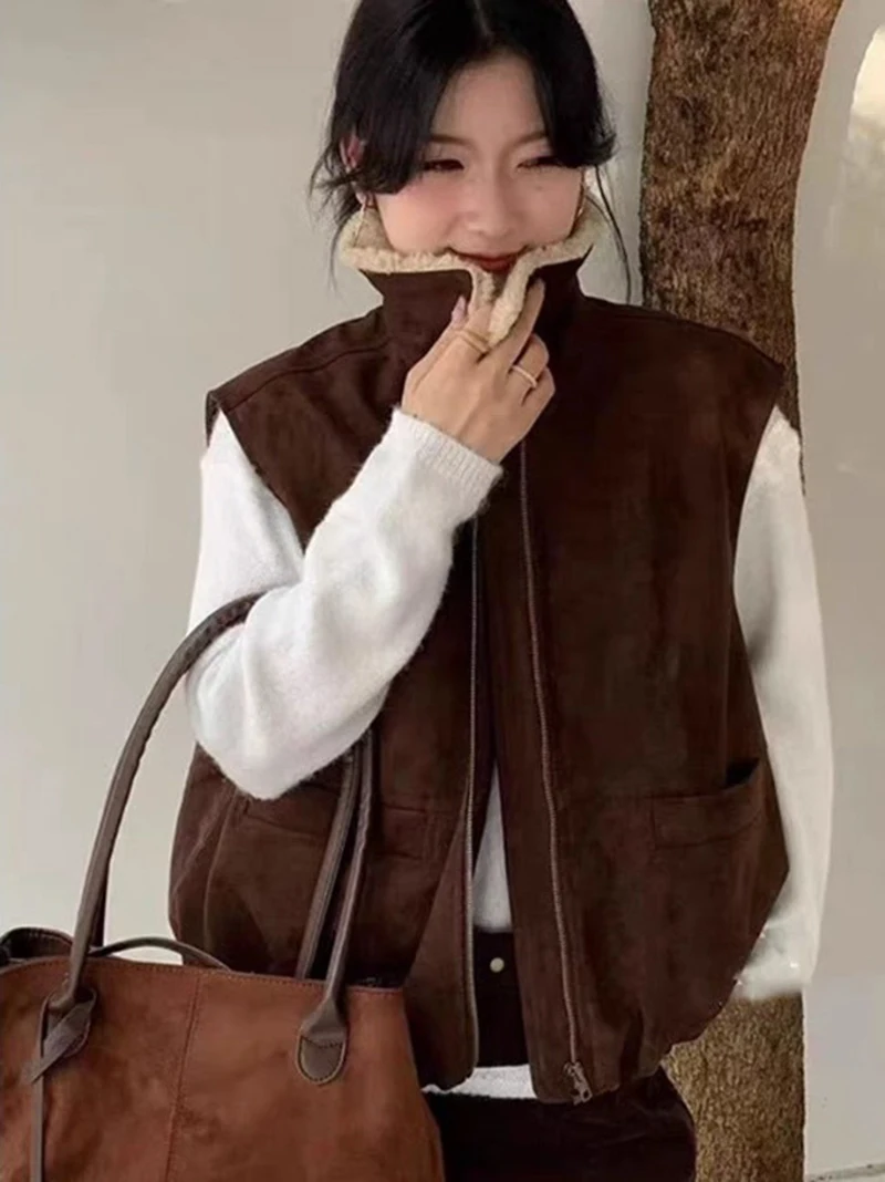 المرأة الخريف الشتاء الرجعية البني سترة أفخم بدوره إلى أسفل طوق جديد هونغ كونغ نمط الوجه طوق أعلى سستة الحصان كليب نمط #2