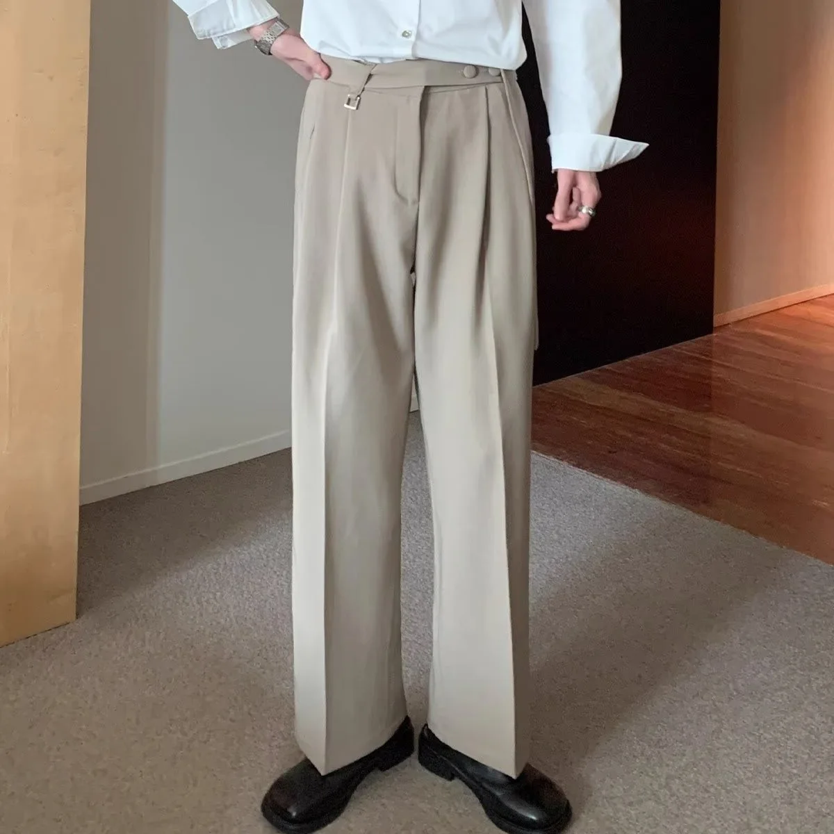

2025 Summer New Fashion Korean Style Men's Solid Color Casual Trendy Loose Wide Leg Straight Suit Trousers Male Clothes Pants