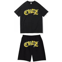 2024Small Uninhabited Island Black Letter Printed Street Men's and Women's Y2K Short Sleeve T-Shirt Shorts Set Men's and Women's