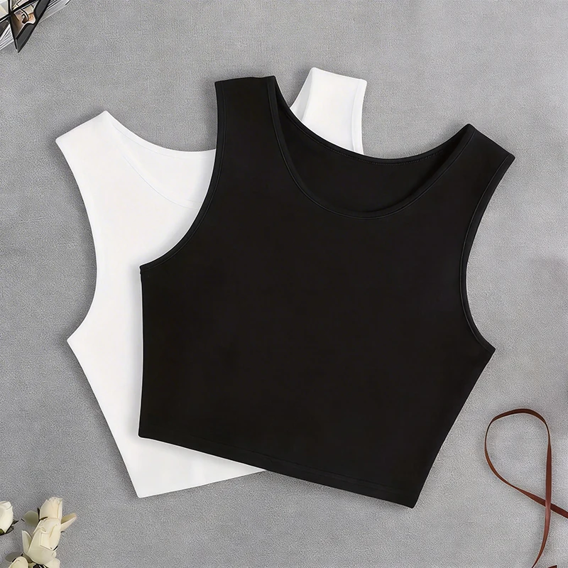 

Women's Solid Round Neck Sleeveless Vest T Shirt 90s Graphic Y2k Tank Tops for Woman Fashionable Black White Crop Tops Clothes