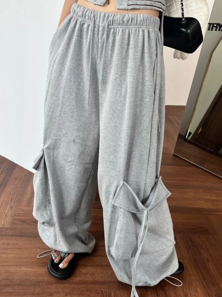 

High Waist Drawstring Cargo Pants Women's Casual Trousers Loose Fit Wide Leg Sweatpants Autumn New Style Pocket Detail