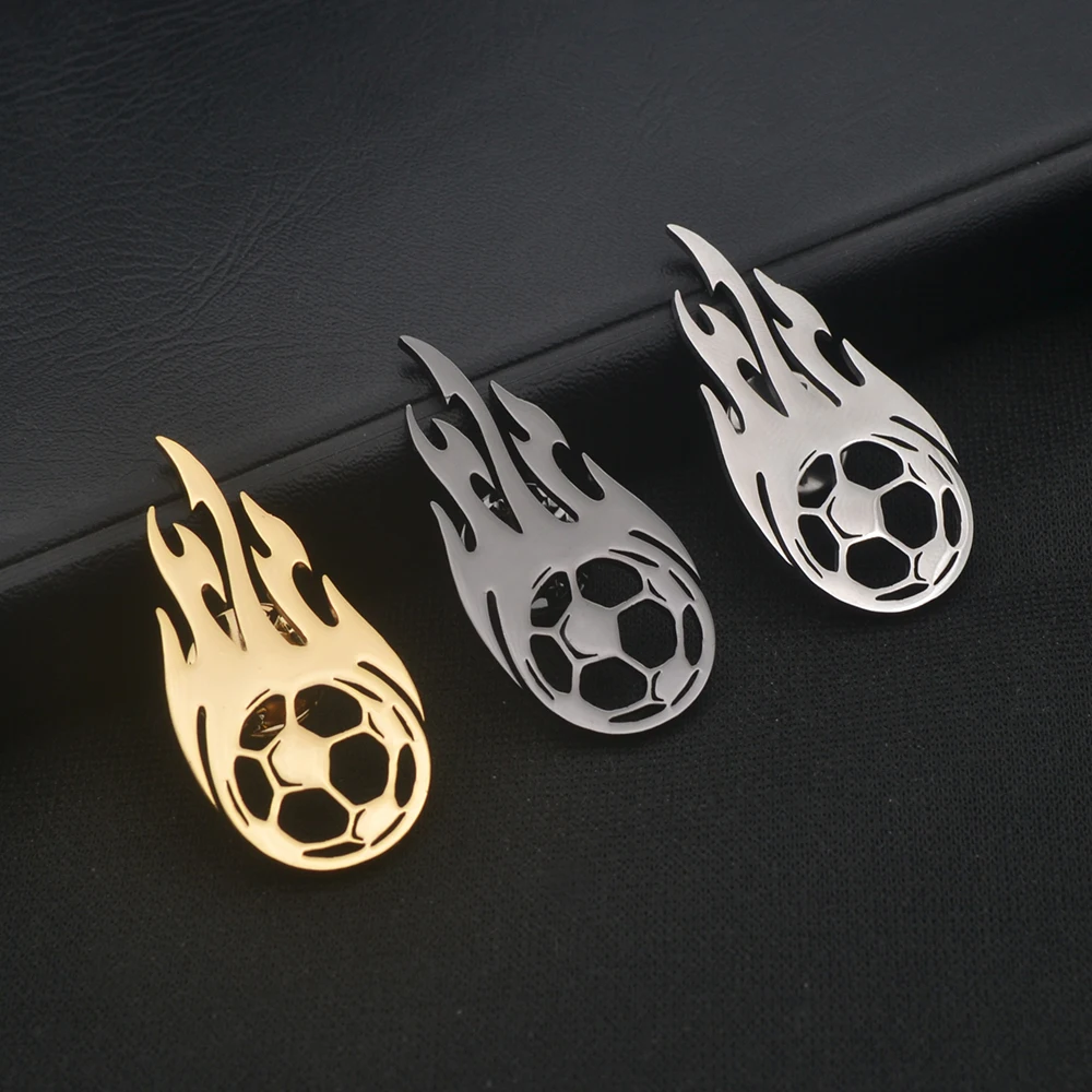 Men's Lapel Brooch Blazing Football Shape Steel Color Gold Black Stainless Steel Party Jewelry Birthday Gifts for Football Fan