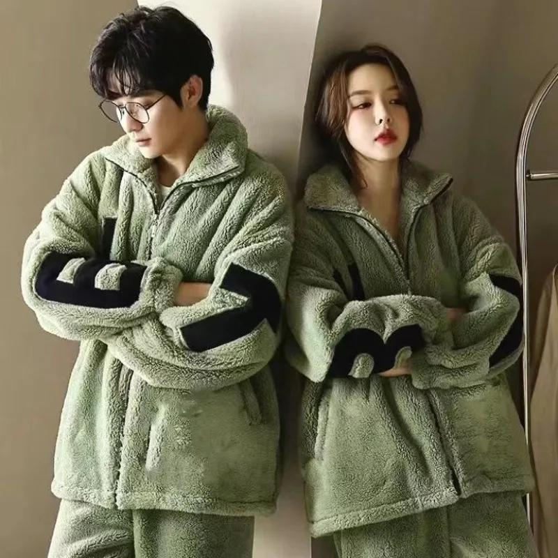 Letter Couple Pajamas for Men Fleece Winter Sleepwear Korean Sleeping Night Wear Pijama 2 Pcs Pants Sets Warm Zipper Home Suit