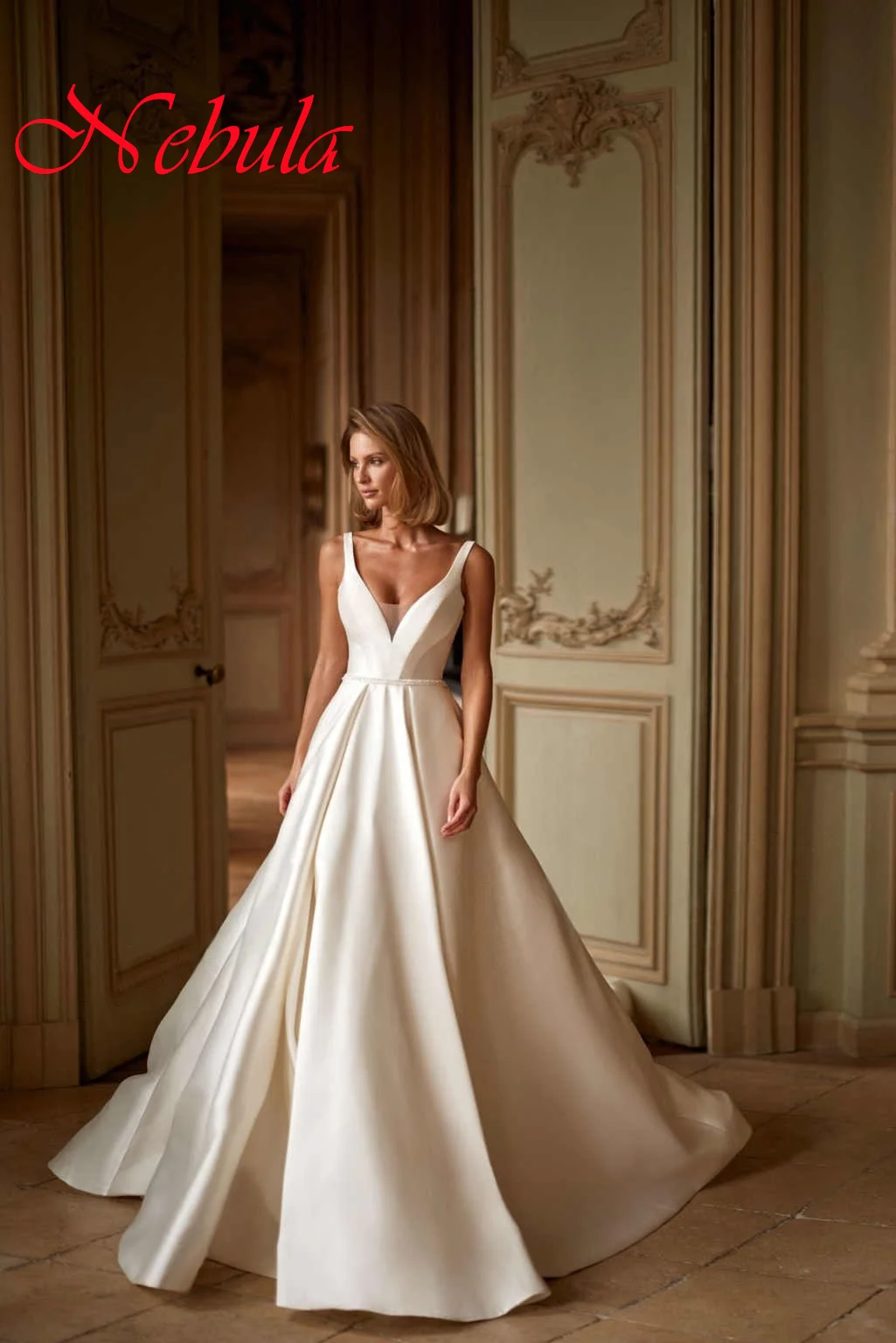 تخصيص الأبيض الساتان السباغيتي الأشرطة فستان زفاف بسيط مزاجه ألف خط حفل زفاف كلاسيكي الخامس الرقبة فيستدو دي نوفيا #1