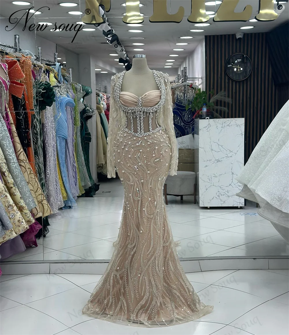 Médio Oriente Champagne mangas compridas Vestidos de noite, Vestido de baile de sereia personalizado, Cristais Dubai Beading, Vestidos de casamento