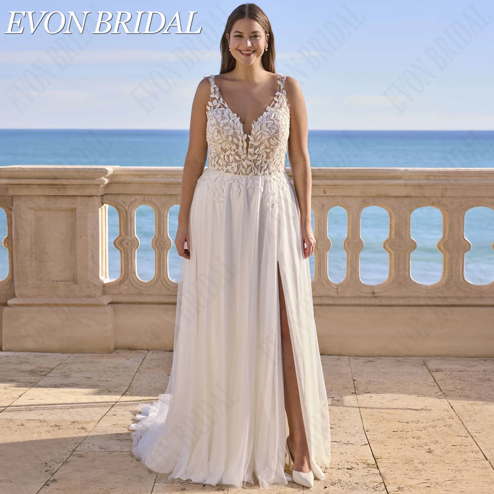 EVON BRIDAL Customized Spaghetti Strap Wedding Dress Plus Size Sequined Lace Appliques Tulle Bride Gown Side Slit Bridal Dresses