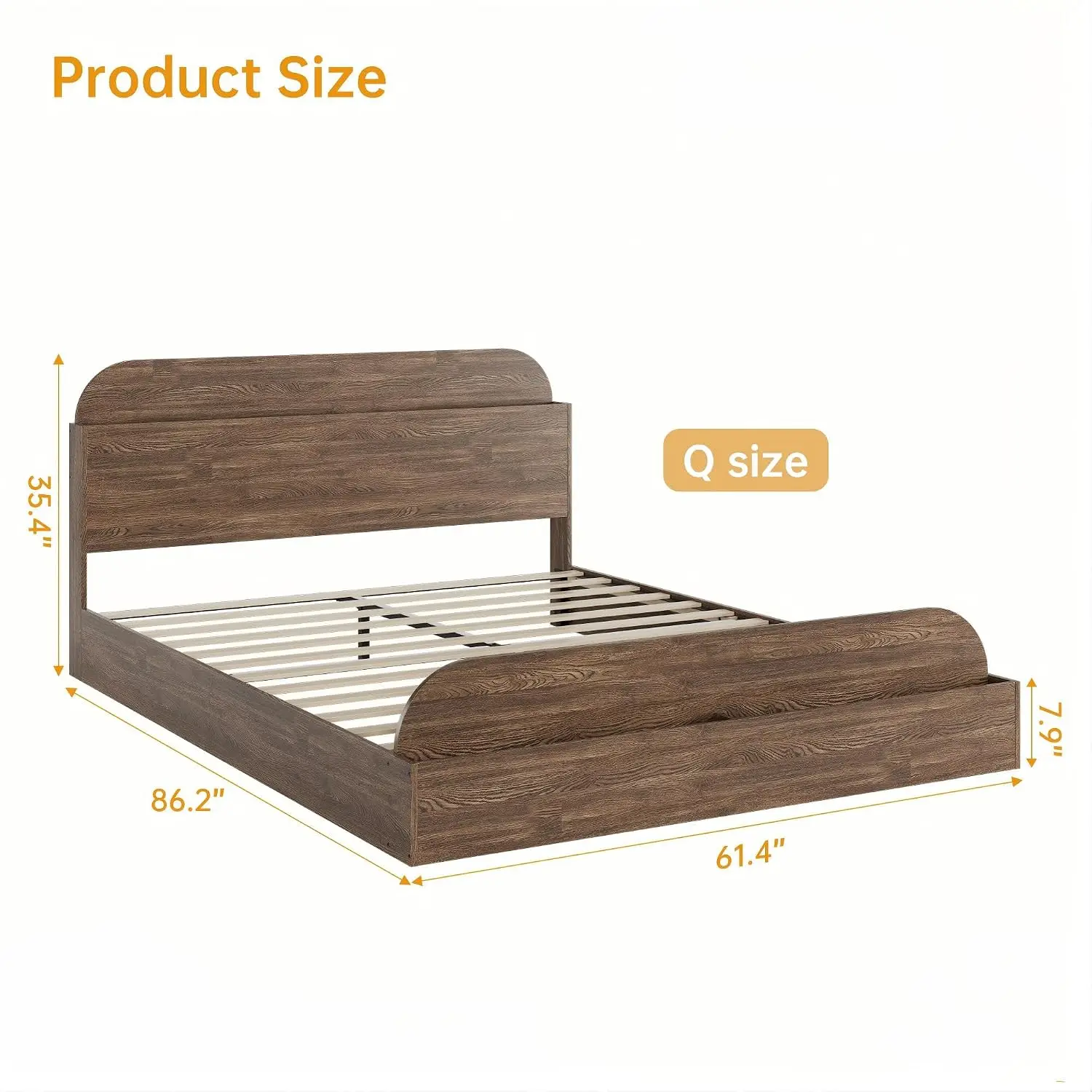 Queen Size Low Platform Bed Frame, Walnut Wood Floor Bedroom Furniture, Customized