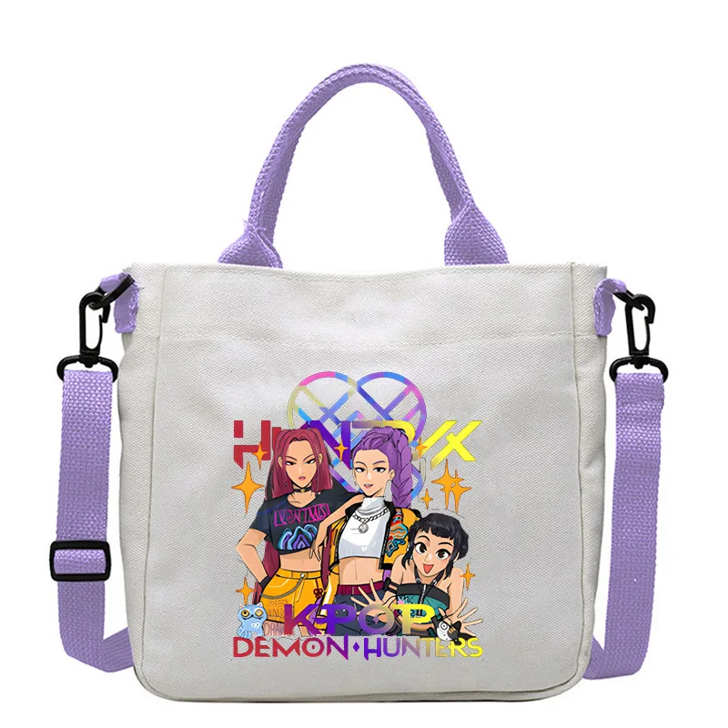 

New KPop Demon Hunters Canvas Bag Girls Simple Trend Purple Square Handbag Tote Bags Crossbody Shoulder Packet Birthday Gift