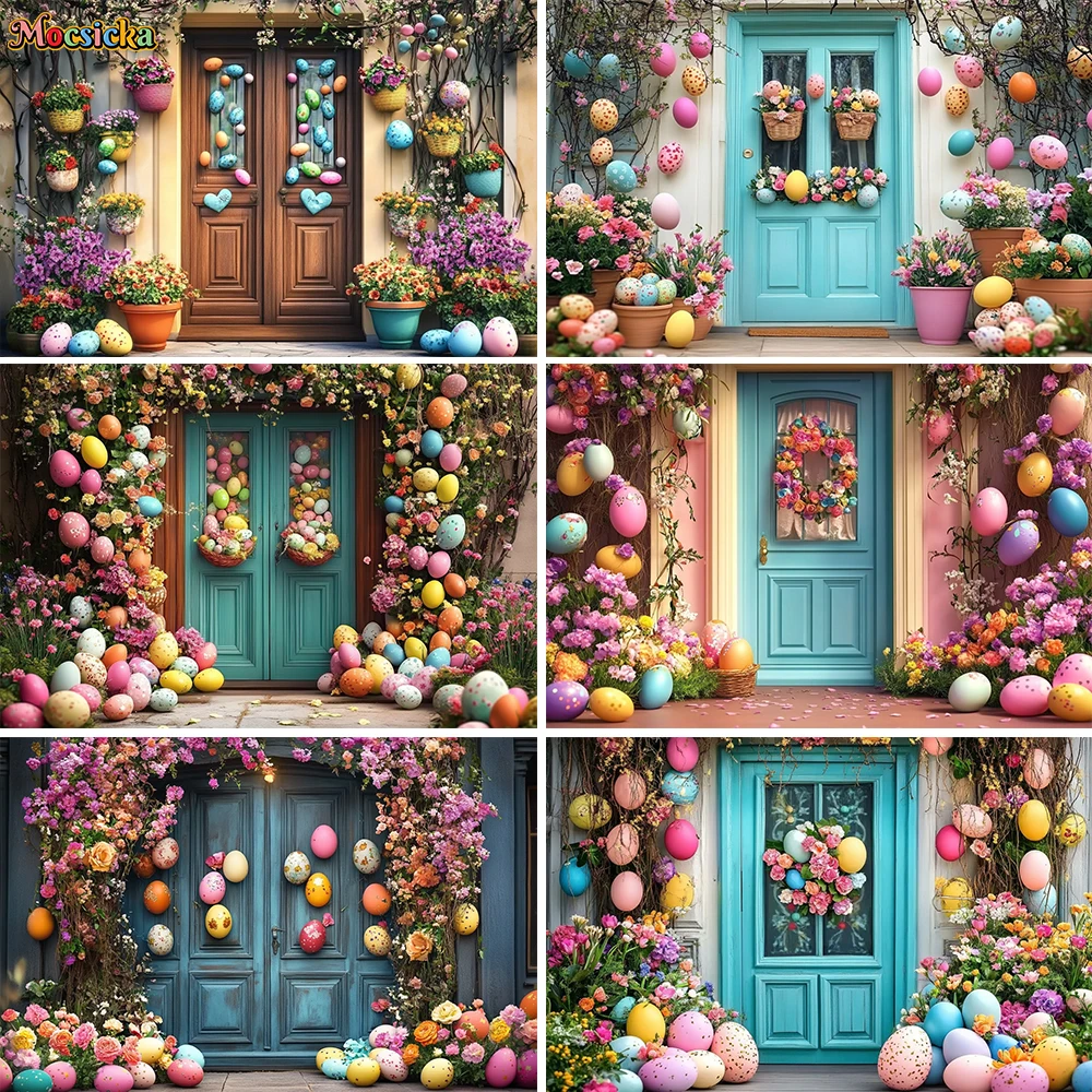 

Mocsicka Easter Background Photography Eggs Flowers Wooden Door Backdrop Decor Spring Kids 1st Birthday Cake Smash Photo Studio