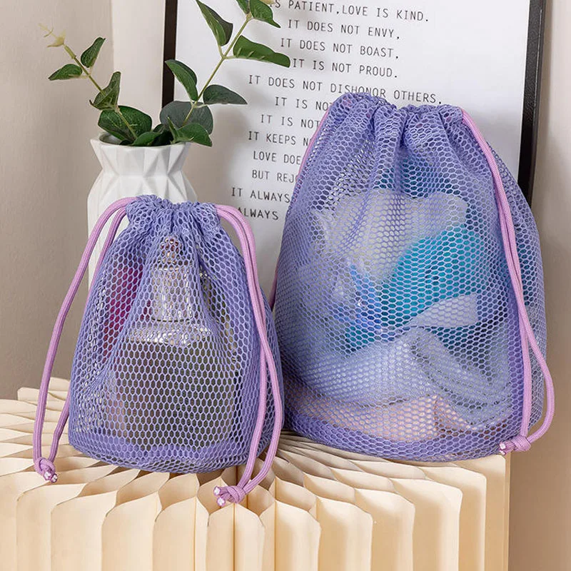 10pcs/lot Round Bottom Mesh Drawstring Pouch Portable Travel Drainage Makeup Toiletries Storage Bags Swimming Bath Bag