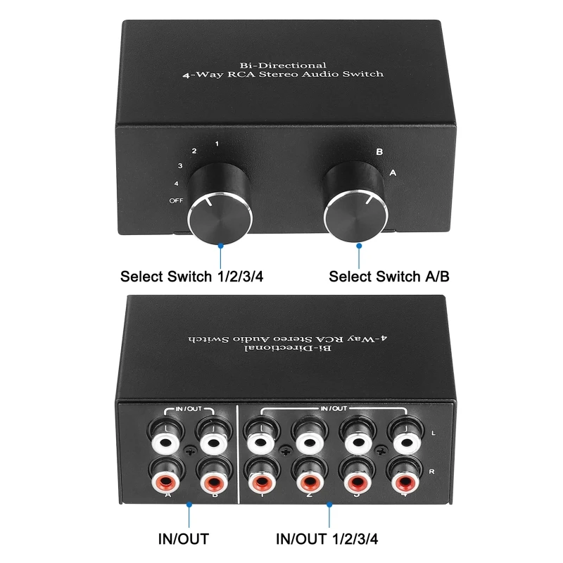 Two-Way Stereo Audio Switch RCA Distributor HUB 2 In 4 Out Signal Selector Switcher R/L Volume RCA for Amplifier Board