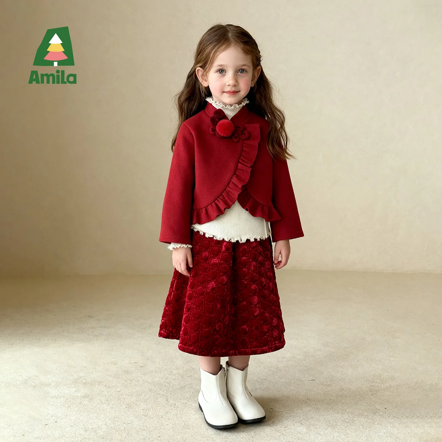 Amila Kids 2026 Winter Girls' Half Skirt Sweet And Cute One Piece Velvet Lining Suitable For Daily Parties