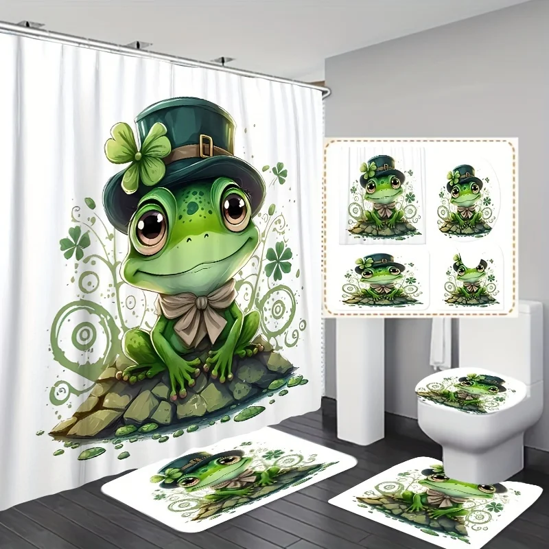 1/3/4PCs Clover frog printed curtain set, waterproof shower curtains with 12 hooks, non slip carpet, toilet lid mat, U-SH