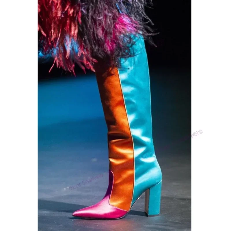 

Mixed Color Patchwork Chunky Heels Boots Knee High Pinted Toe Shoes for Women High Heels Runway Shoes 2023 Zapatos Para Mujere