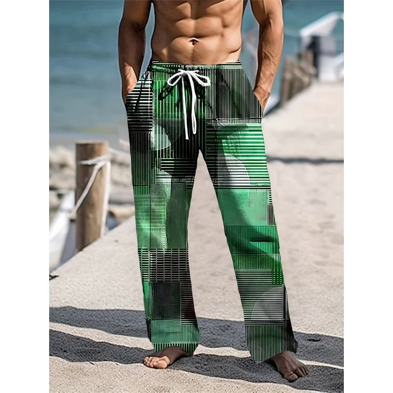 Men's Color Block Casual Pants - Lightweight Quick-Dry Summer Trousers With Drawstring Waist For Beach Outdoor Travel
