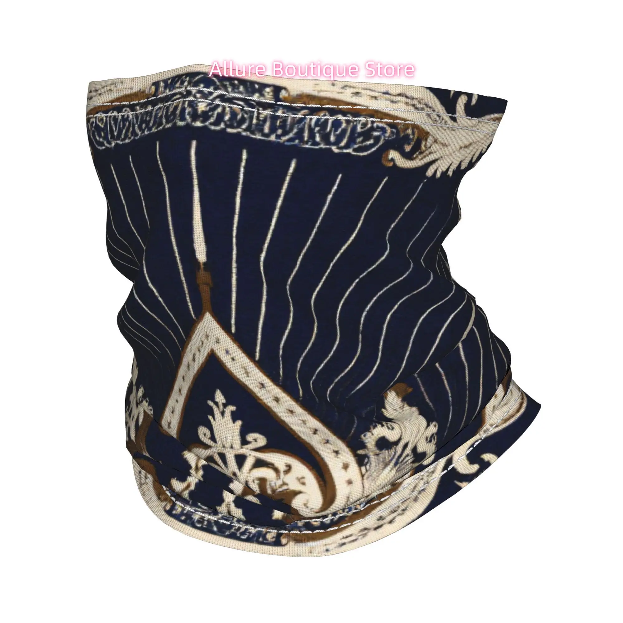 Wrap Scarf | Ornate Baroque Starburst Design with Acanthus Leaf Border in Cream and White on Black Theme Balaclava Riding - Wash