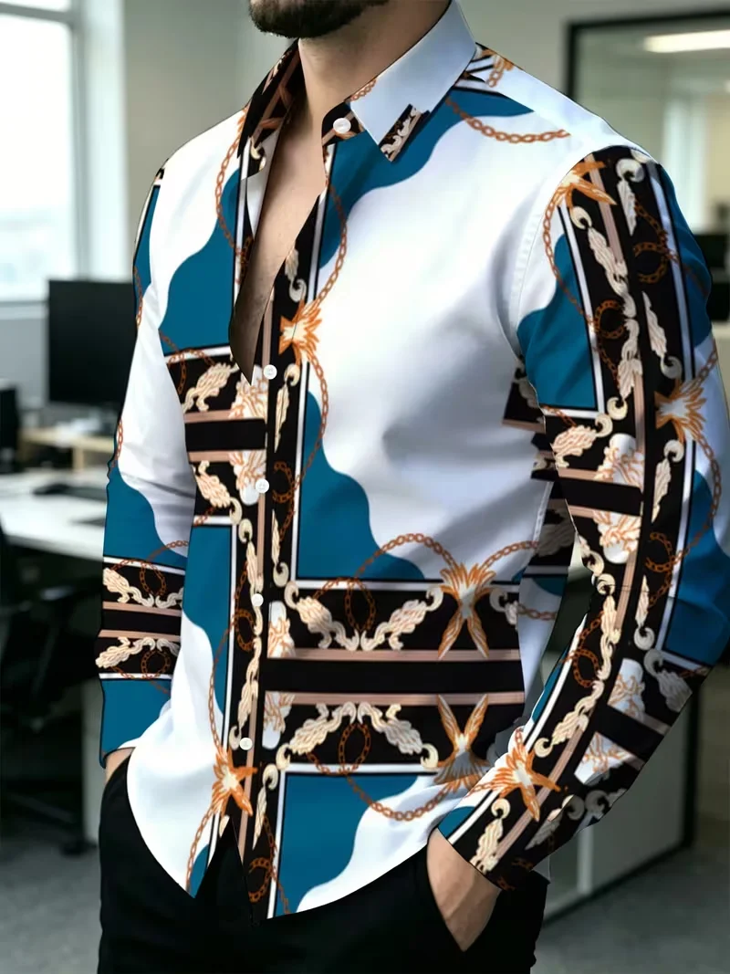 New white blue black gold chain Baroque printed long sleeved shirt, light luxury business men's casual shirt