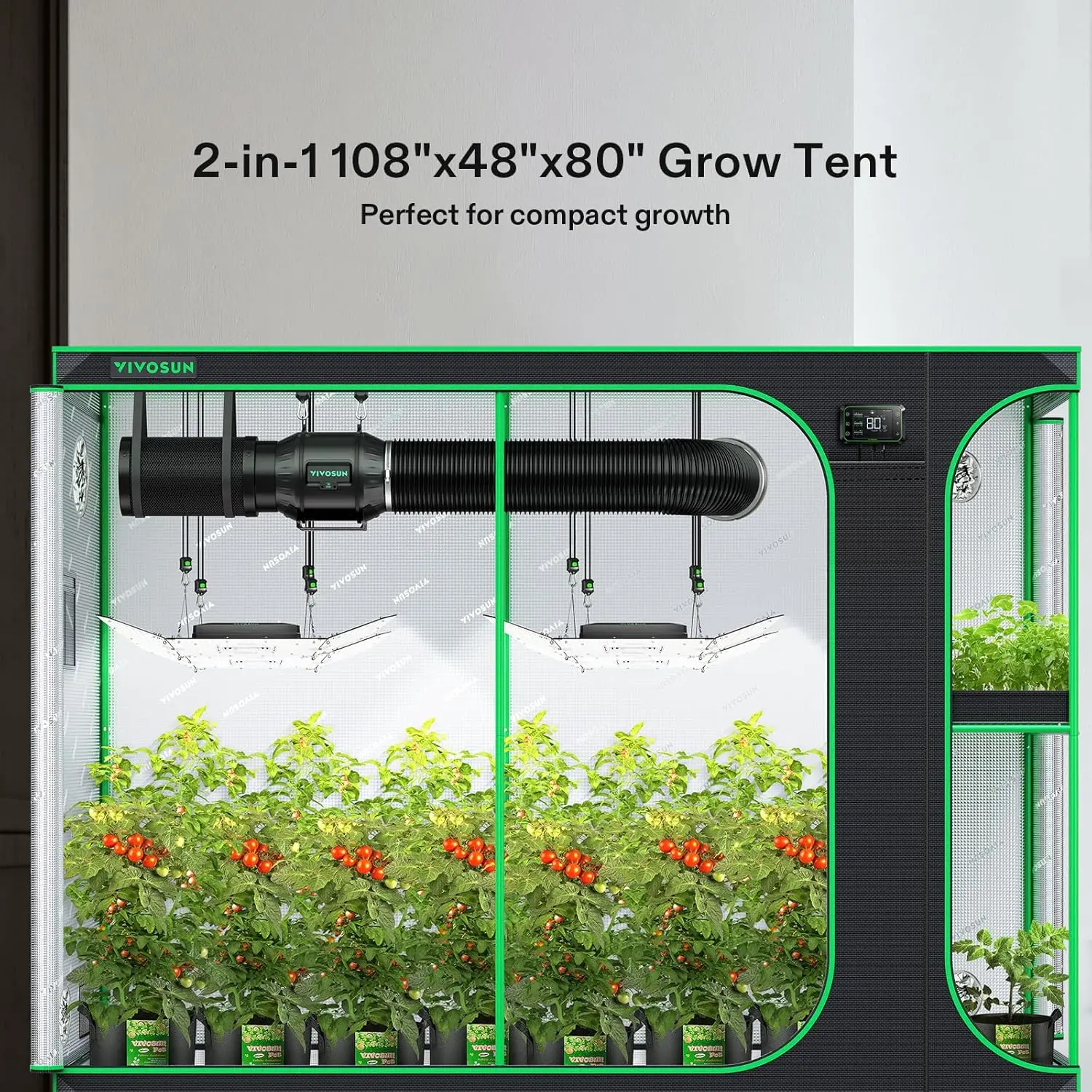 D948 2-In-1 9X4 Grow Tent, 108""X48""X80"" High Reflective Mylar With Multi-Chamber And Floor Tray For Hydroponic Indoor Plant