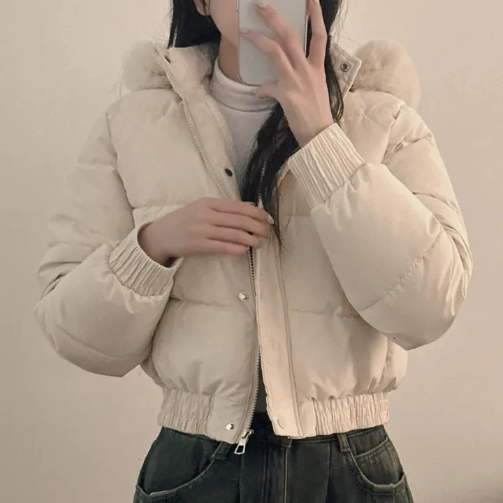 New Winter Warm Hooded Down Cotton Jacket Women Thickened Fleece Lining Big Fur Collar Long Sleeve Short Parkas Jacket Coat