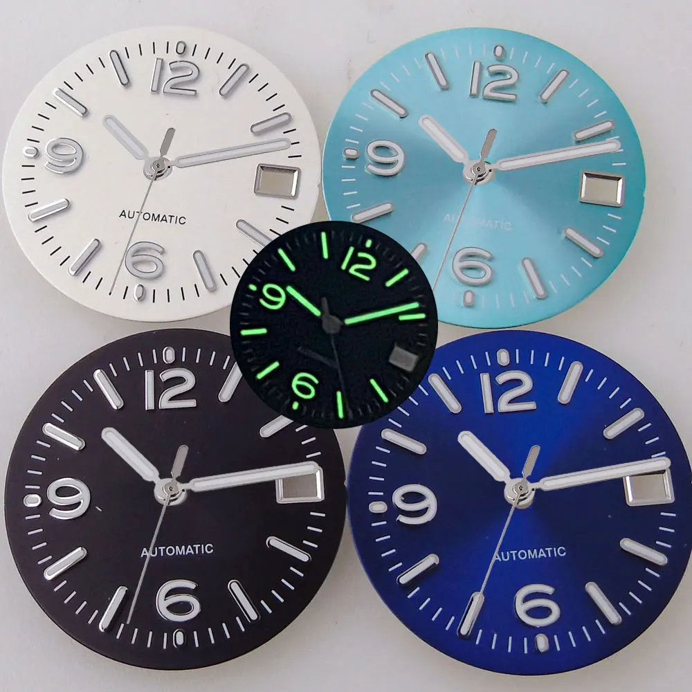 

29mm Black/Blue/White Sterile Watch Men Dial With White Marks Green Luminous Fit NH35A NH36A SKX007 SRP Movement