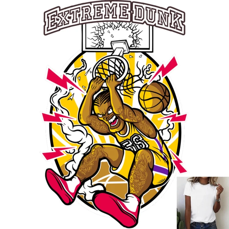 Street Style Basketball Dunk Character Heat Transfer White Ink Iron - on Patch, Trendy Personalized T - shirt Hoodie Decoration