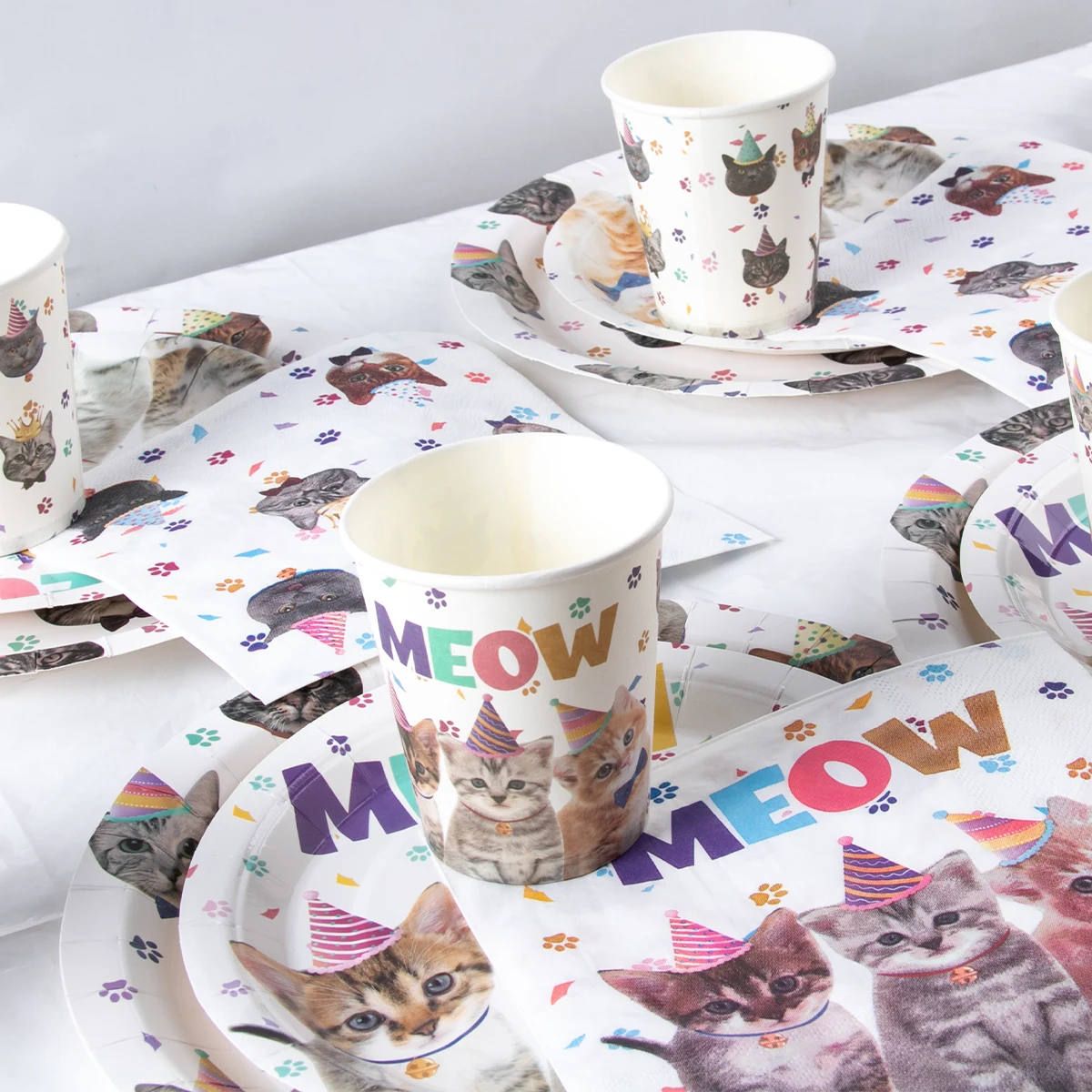 Pet Cats Birthday Party Decoration Paper Banner Plate Cup Cake Topper Disposable Tableware Set Kids Cats Theme Party Supplies