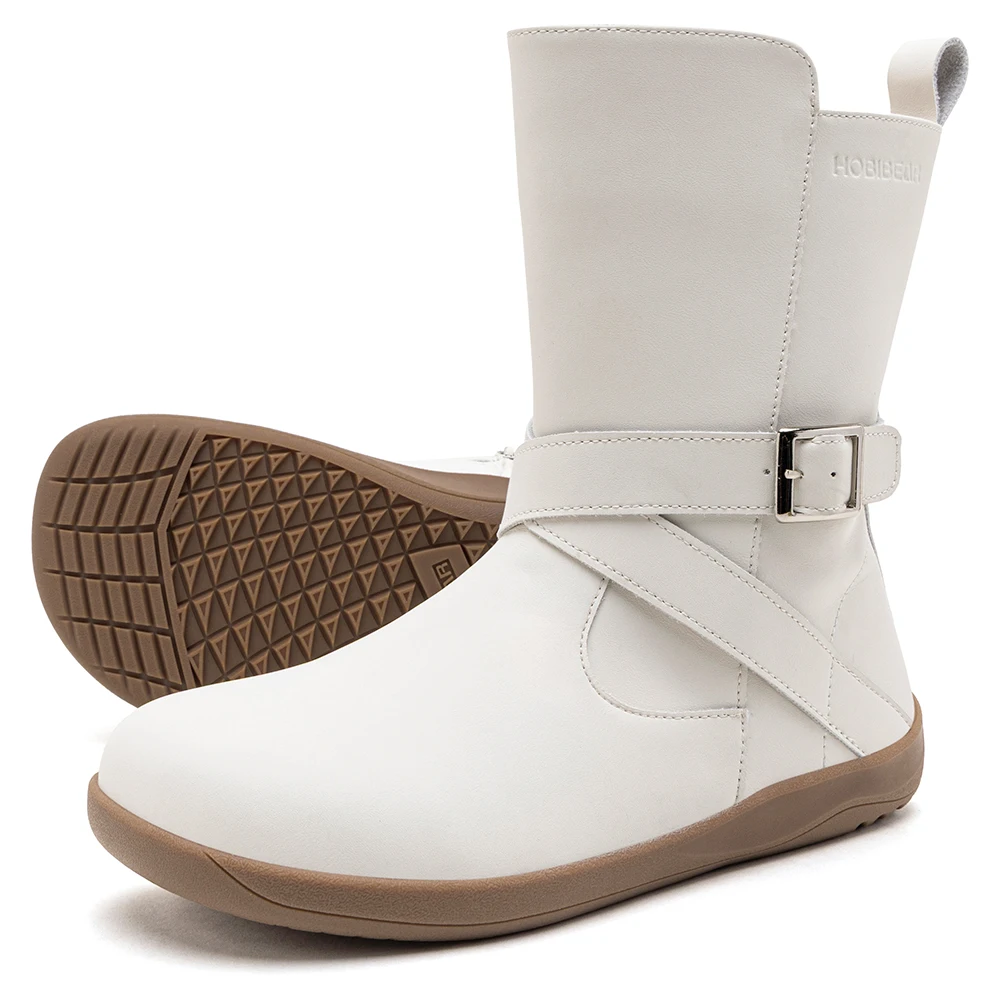 HOBIBEAR Weit geschnittene Barfußstiefel für Damen, Kunstleder, mittelhohe Knöchelstiefel, Zero Drop, seitlicher Reißverschluss, leichte Wanderschuhe