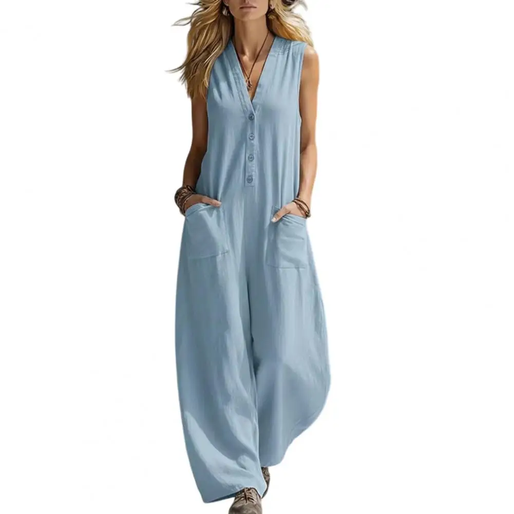 

Wide Leg Jumpsuit Summer Women Jumpsuit V Neck Romper Loose Wide Leg Pants Solid Color Overall with Dual Pockets Lightweight