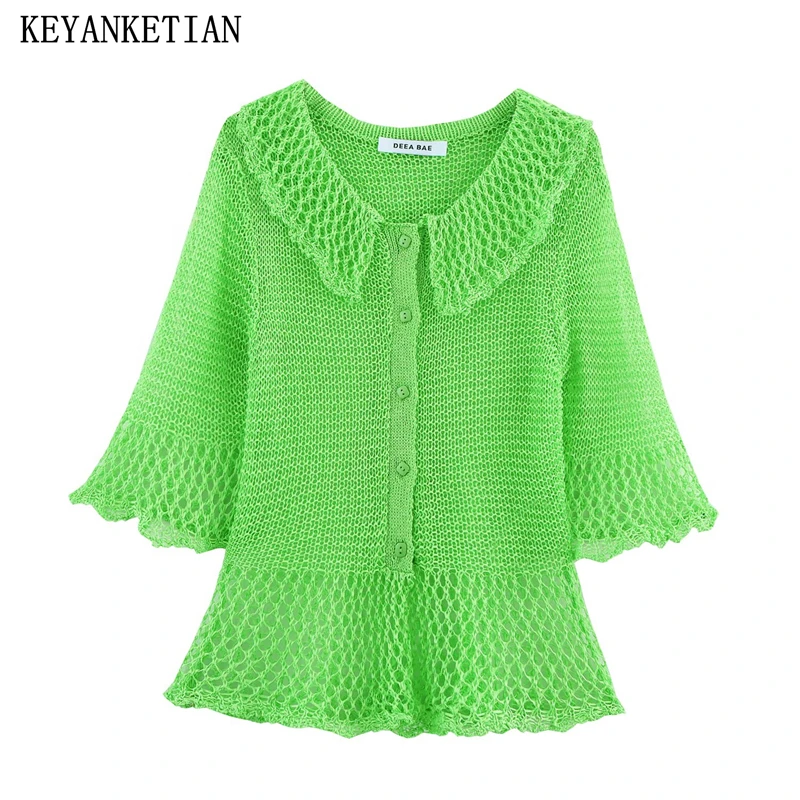

KEYANKETIAN 2025 Summer New Holiday wind Crochet Hollowed-out Knitted Top Women's Doll collar Flare sleeve Tiered Knit Cardigans