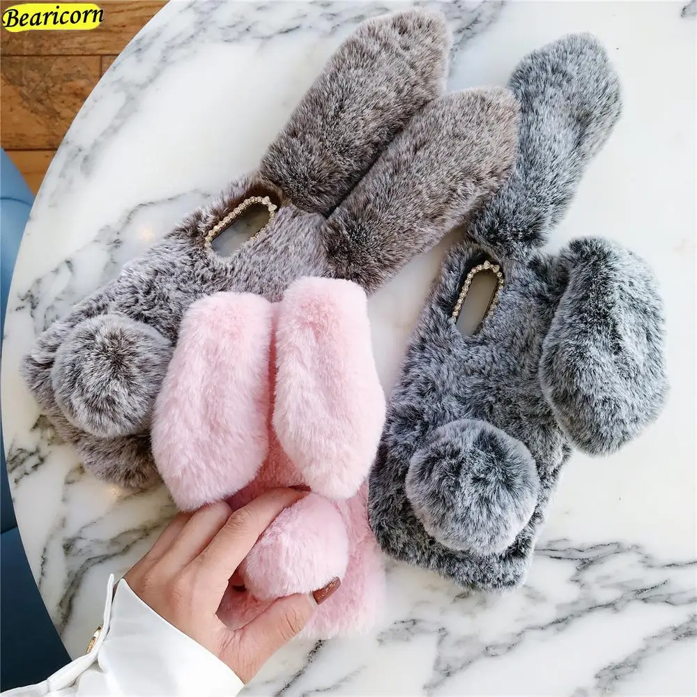 Soft Plush Case For Huawei P60 P50 P40 P30 Lite P20 Pro P10 Plus P Smart Z S 2019 2021 Furry Rabbit Bunny Warm Fur Funda Cover