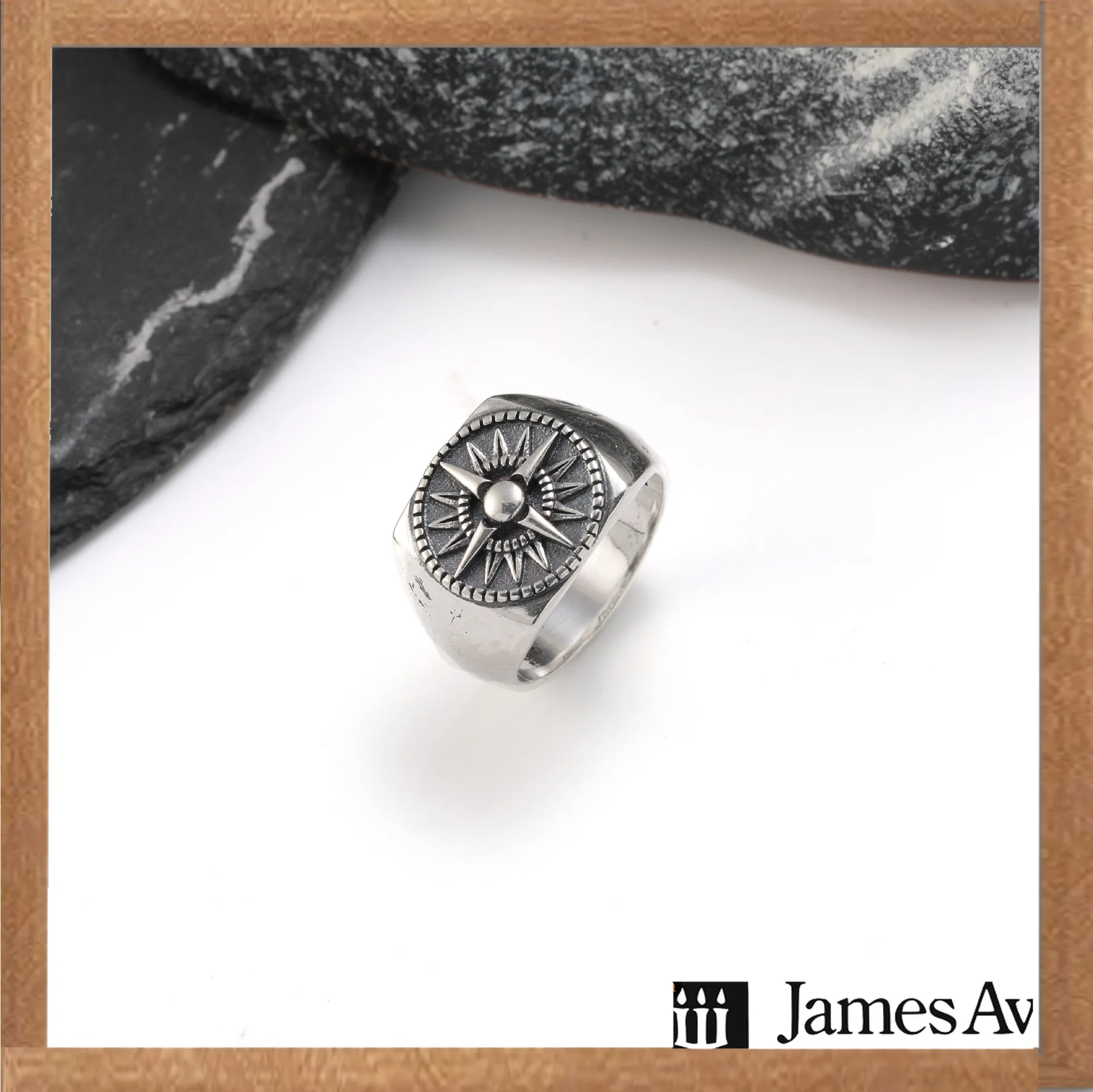 S925 Silver Vintage Compass Signet Ring Retro North Star Engraved Wide Band Finger Ring Travel‑Theme Jewelry Gift