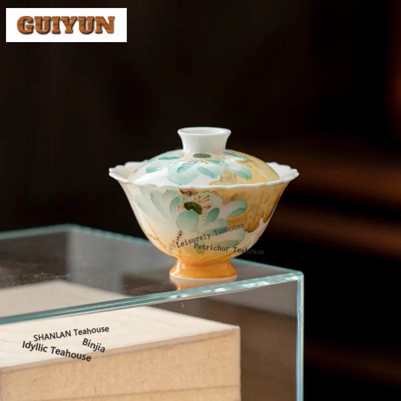 

110ml Oil Painting Style Hand-painted Lotus Gaiwan Aesthetic Tea Tureen Tea Bowl With Lid Kit Tea Maker Cover Bowl Cafes Gift