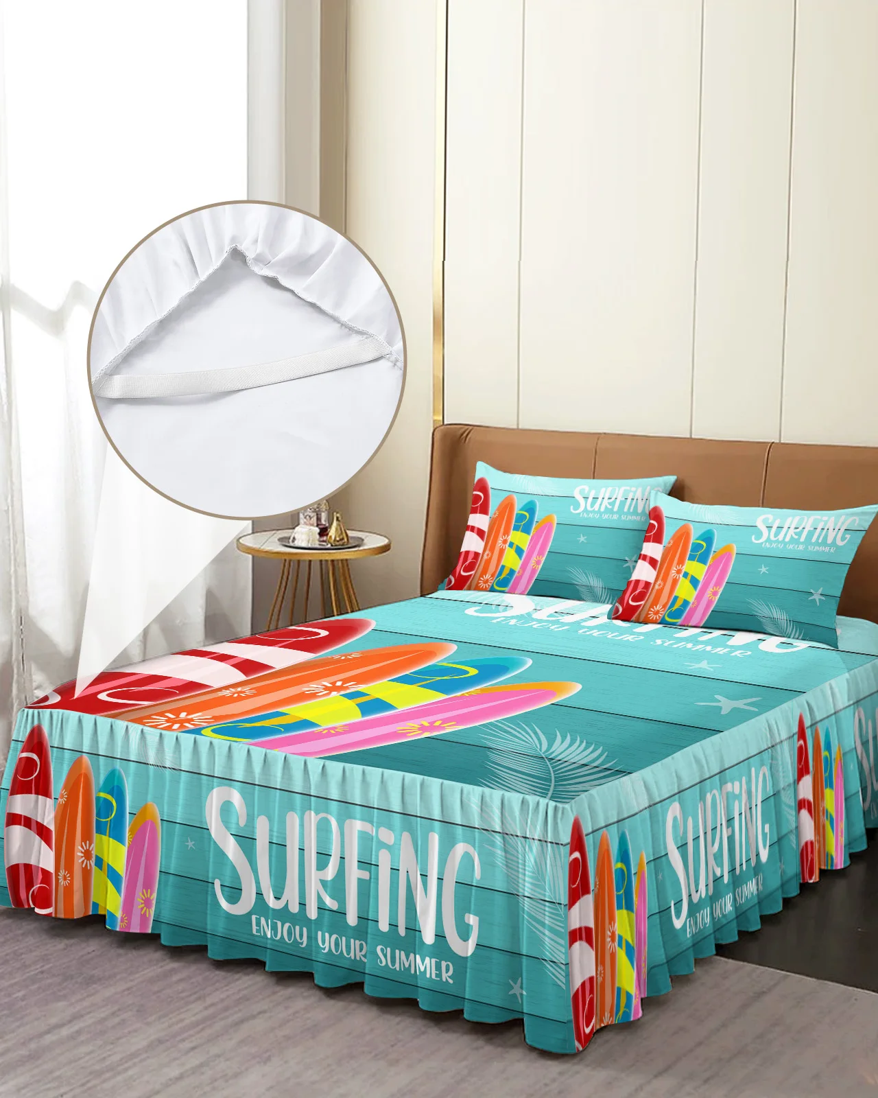 Summer Wood Grain Surfboard Bed Skirt Elastic Fitted Bedspread With Pillowcases Mattress Cover Bedding Set Bed Sheet