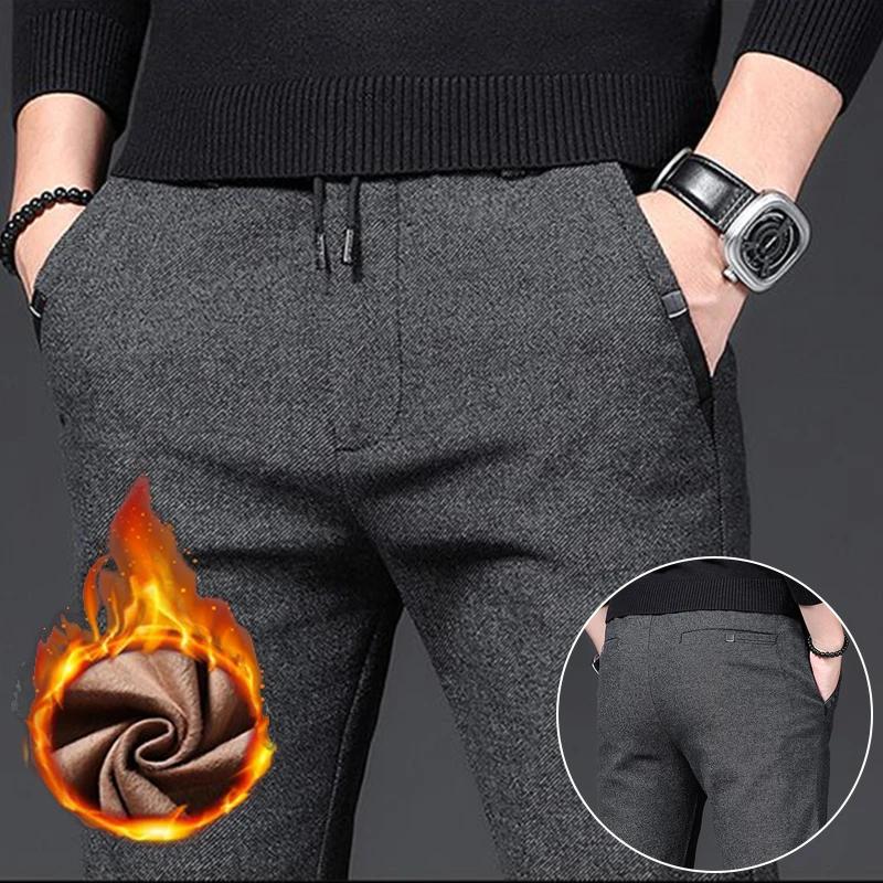 

Men Winter Warm Cold Protection Suit Pants Male Fleece Lined Thickened Blazer Pants Comfortable Casual Black Trousers