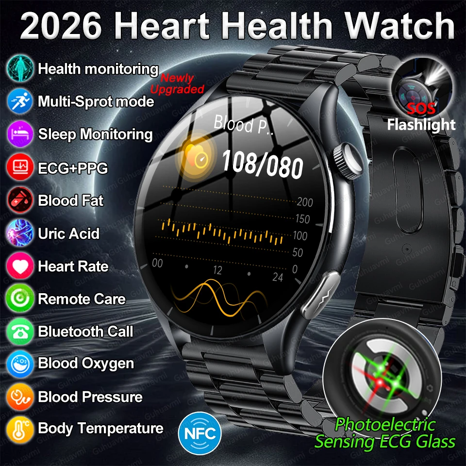 

2026 New Health Glance Uric Acid Blood Pressure Blood Oxygen Body Analysis Smart Watch ECG+PPG Clock Smart Watches man For IOS