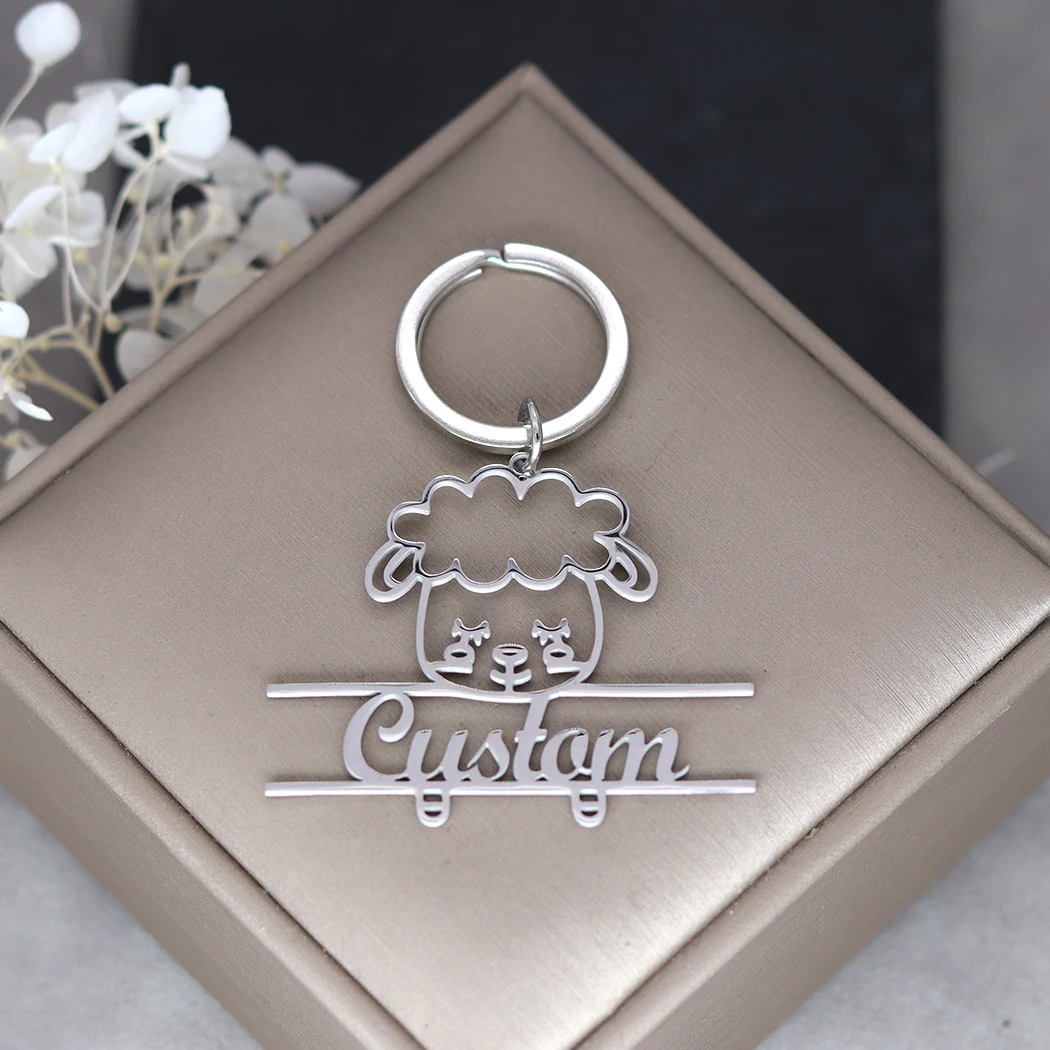 QIMING Personalized Lovely Sheep Custom Name Keychain For Men Stainless Steel Customized Key Ring Animal Jewelry Birthday Gift