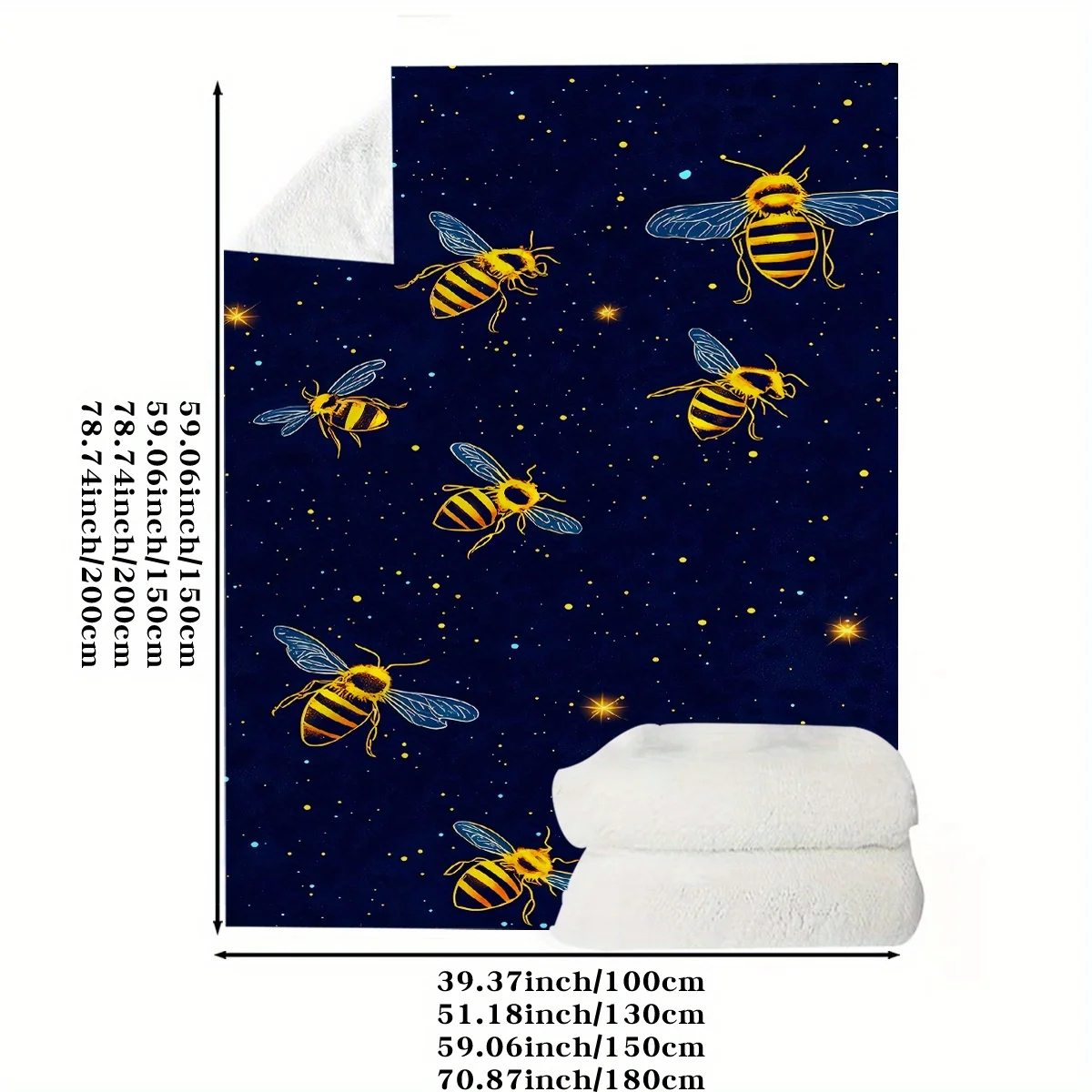 1pc Little Bee Flannel-like Throw Blanket - Soft Polyester All-Season Couch Bedspread, Navy Blue & Yellow Bee Pattern - Compact