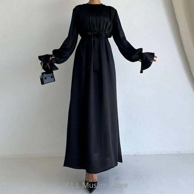 Elegant Satin Muslim Maxi Dress For Women With Belt Eid Ramadan Partywear Evening Ladies Long Dresses 2024 Dubai Kebaya Robe