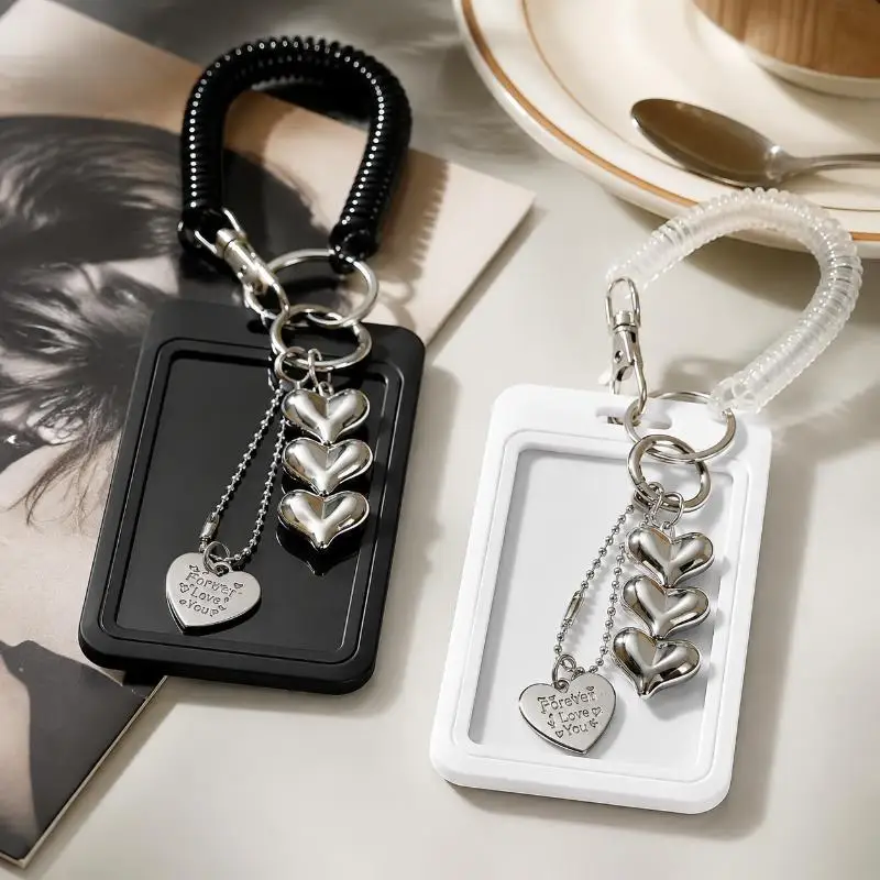Heart-Shaped ID Card Holder Keychain Work Badge Keyring with Photo Storage Small Card Protector for Office Daily Use