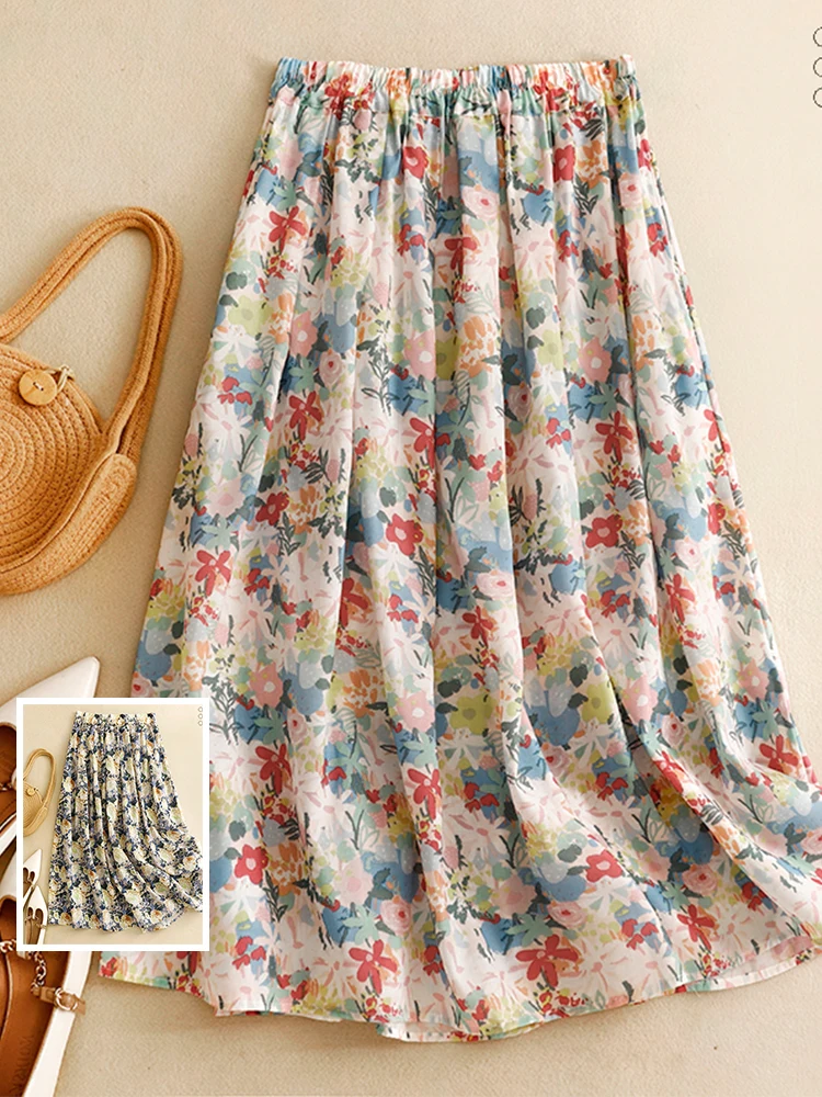 

Юбка-миди с высокой талией в стиле ретро, большие размеры, повседневное летнее платье с цветочным принтом для женщин, более 25, бамбуковое угольное волокно