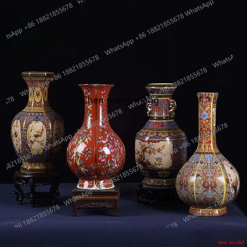 H178Enamel color gold-painted flower and bird hexagonal bottle imitation, entrance retro ceramic ornaments
